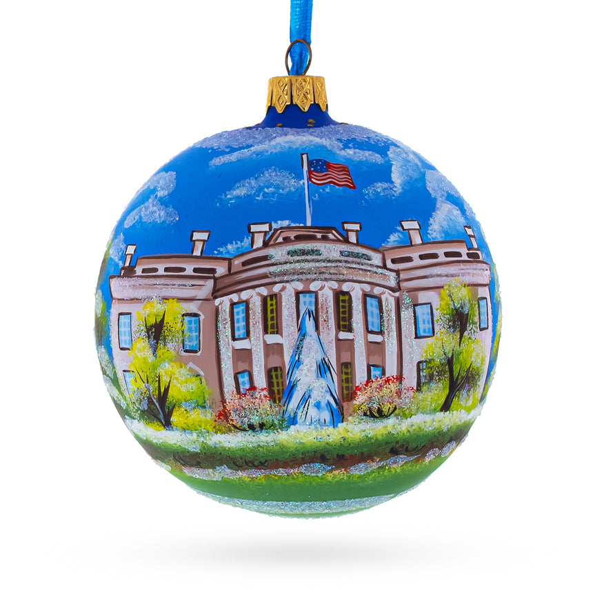 Glass White House, Washington DC Blown Glass Ball Christmas Ornament 4 Inches in Multi color Round