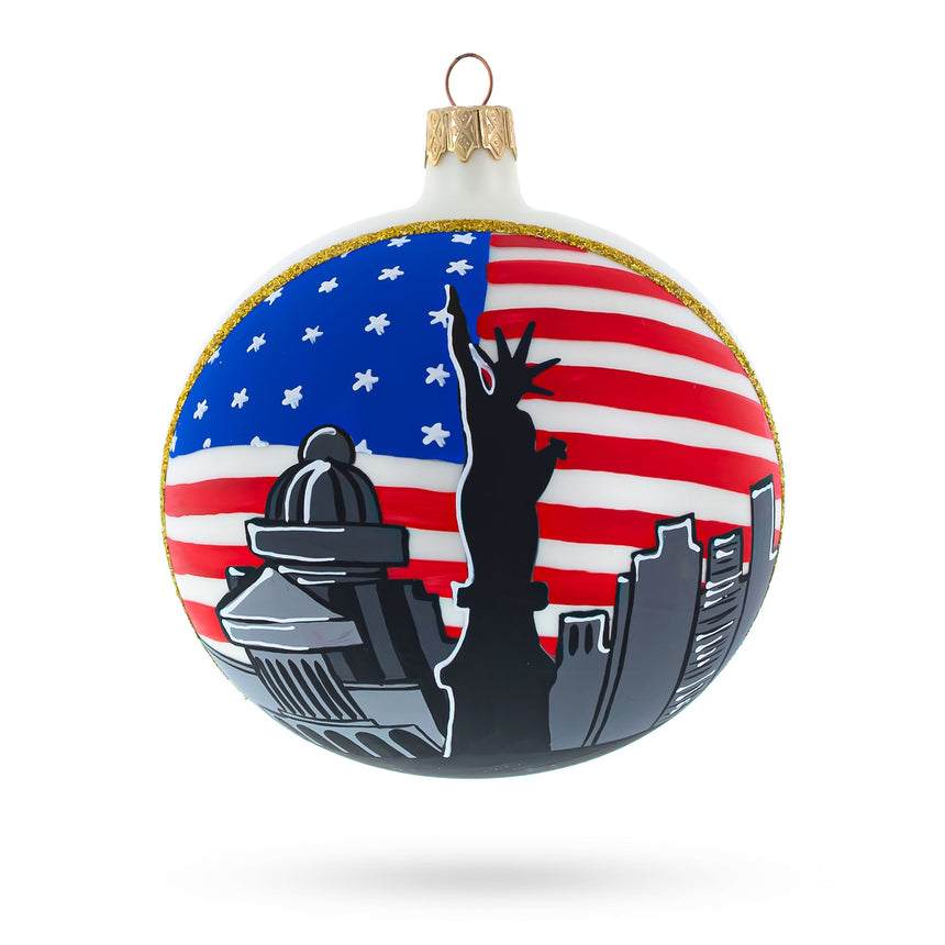 Glass Statue of Liberty with USA Flag, New York City Glass Ball Christmas Ornament 4 Inches in White color Round