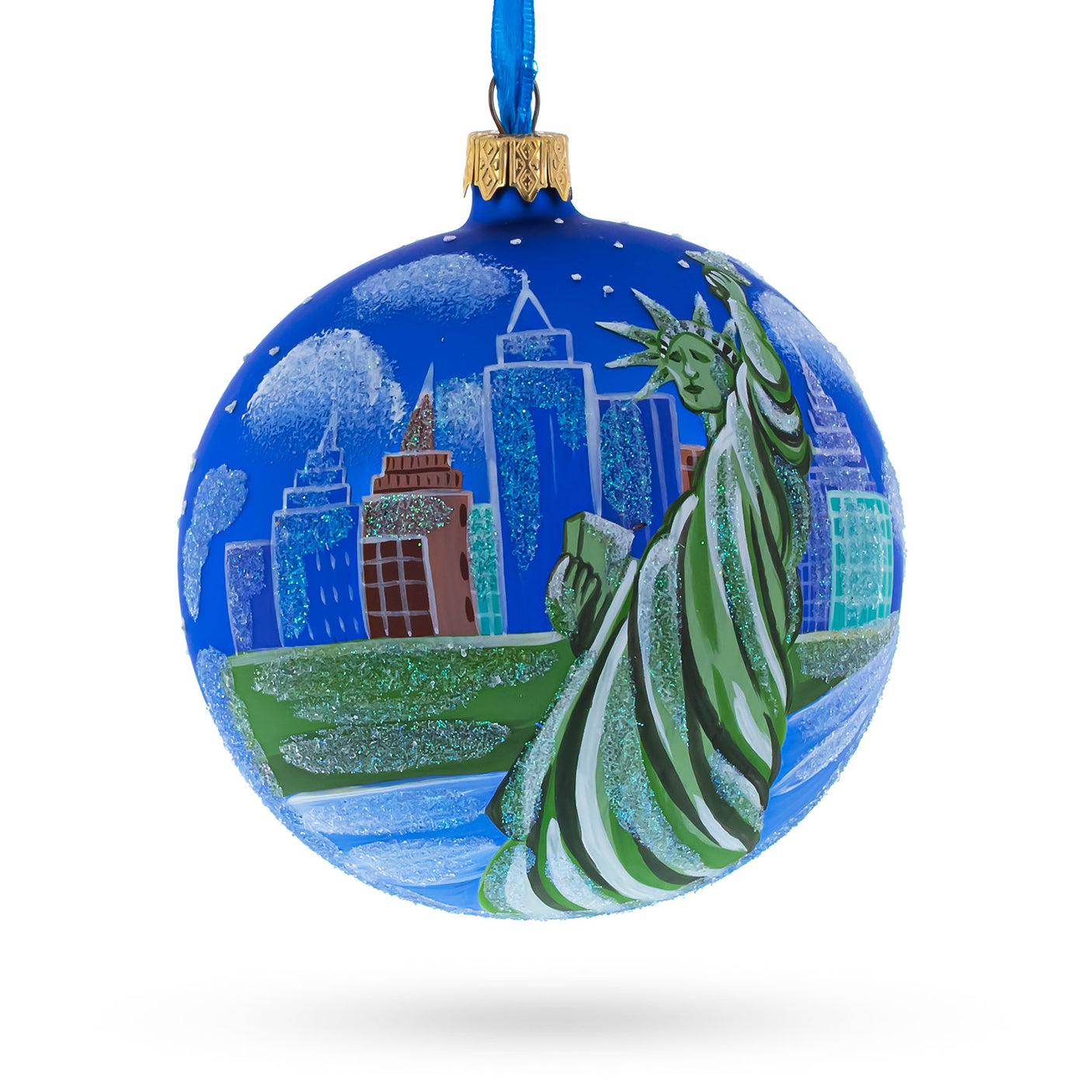 Glass Statue of Liberty, New York Blown Glass Ball Christmas Ornament 4 Inches in Blue color Round