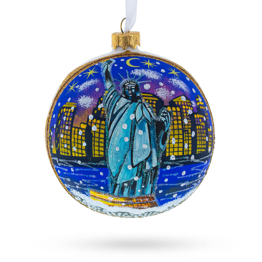 Glass Statue of Liberty at Night, New York, USA Glass Ball Christmas Ornament 4 Inches in White color Round