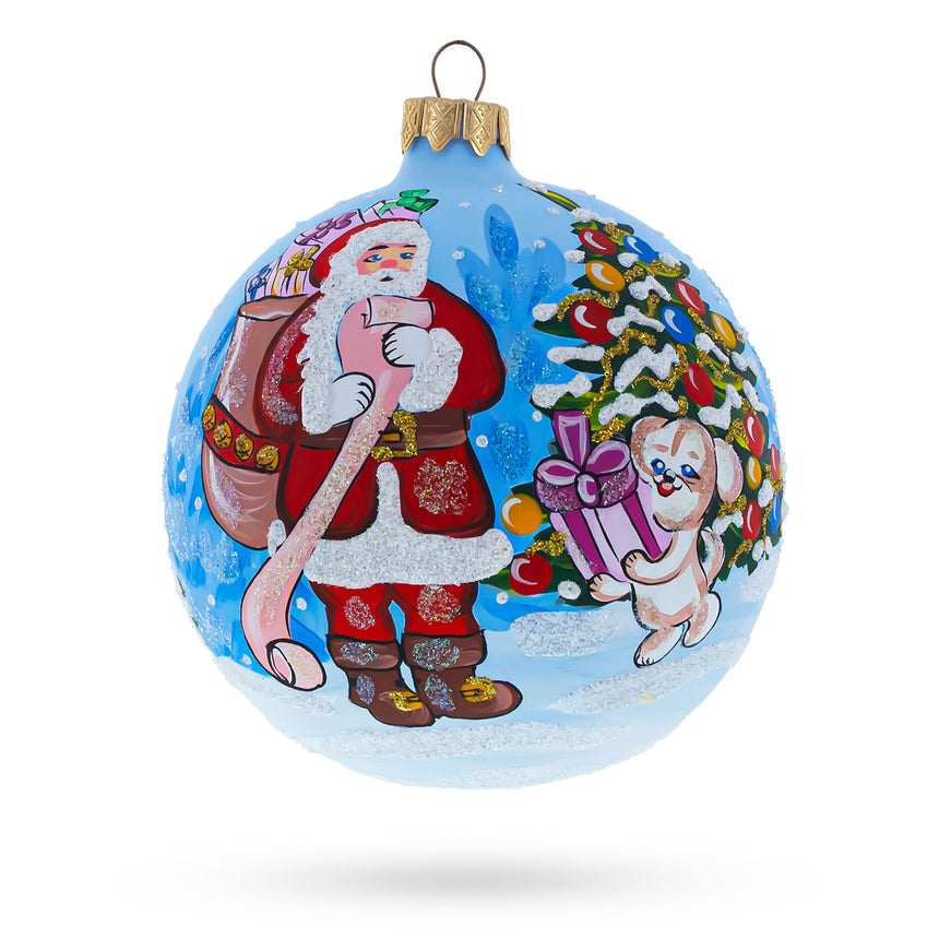 Glass Santa's Gift List and Loyal Dog Glass Ball Christmas Ornament 4 Inches in Blue color Round