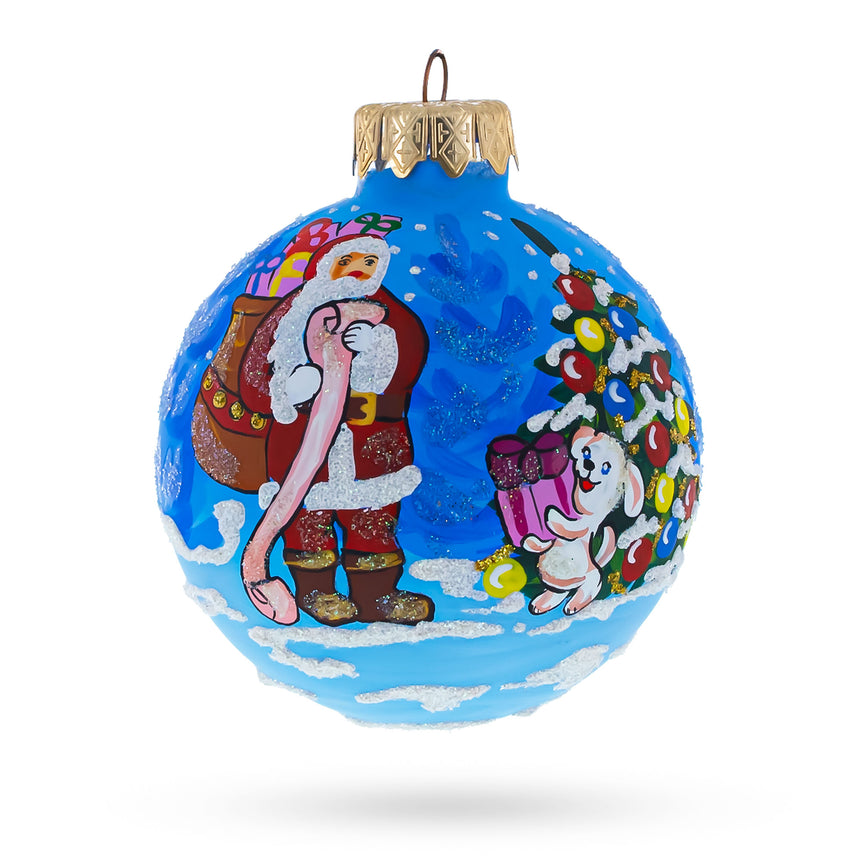 Glass Santa's Gift List and Loyal Dog Blown Glass Ball Christmas Ornament 3.25 Inches in Blue color Round