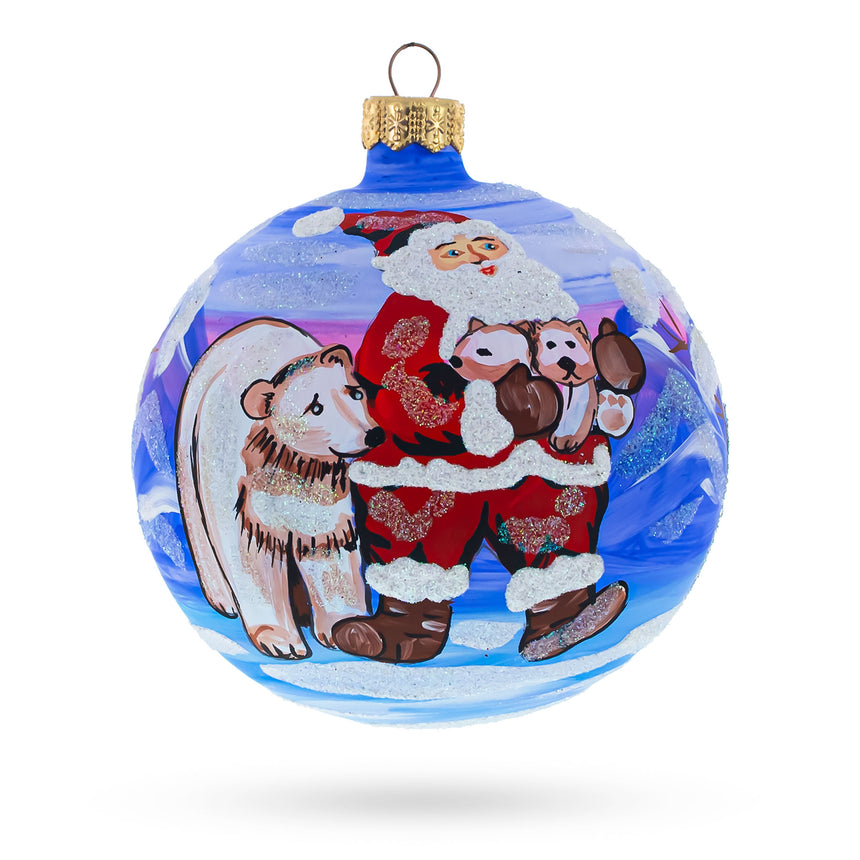 Glass Santa and Polar Bear Festive Blown Glass Ball Christmas Ornament 4 Inches in Multi color Round