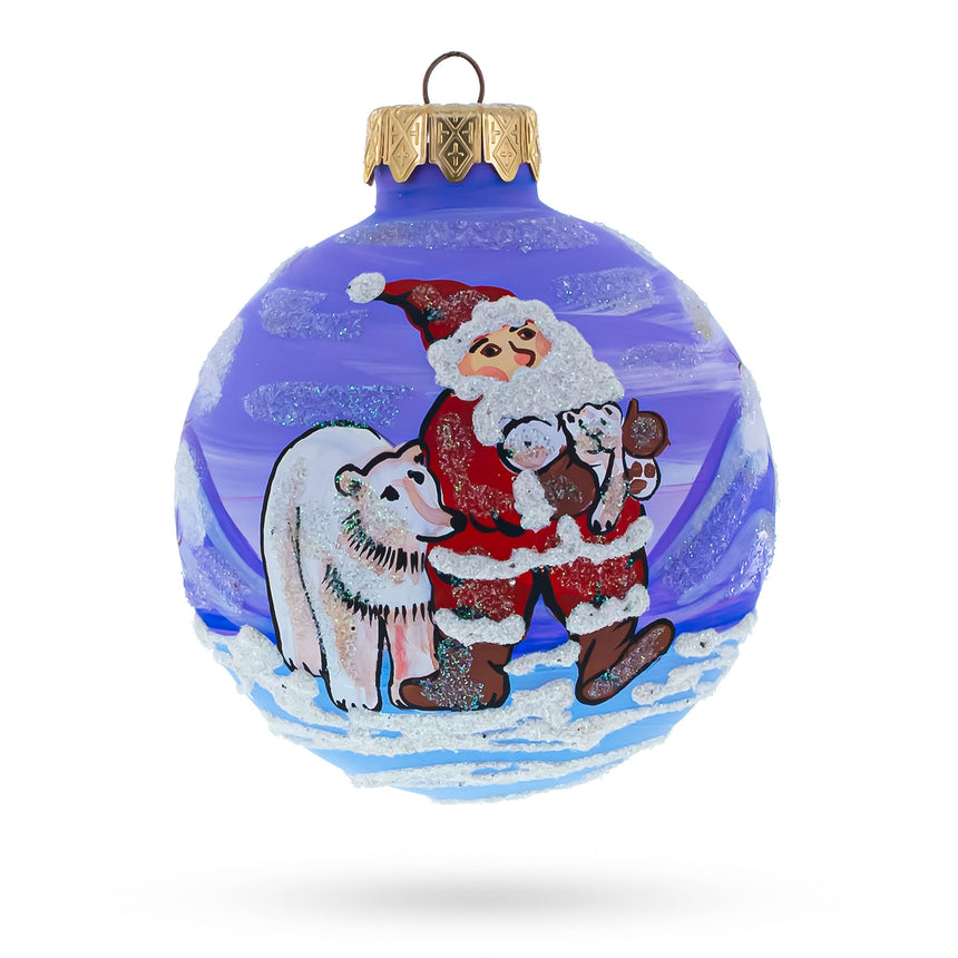 Glass Santa and Polar Bear Festive Blown Glass Ball Christmas Ornament 3.25 Inches in Multi color Round