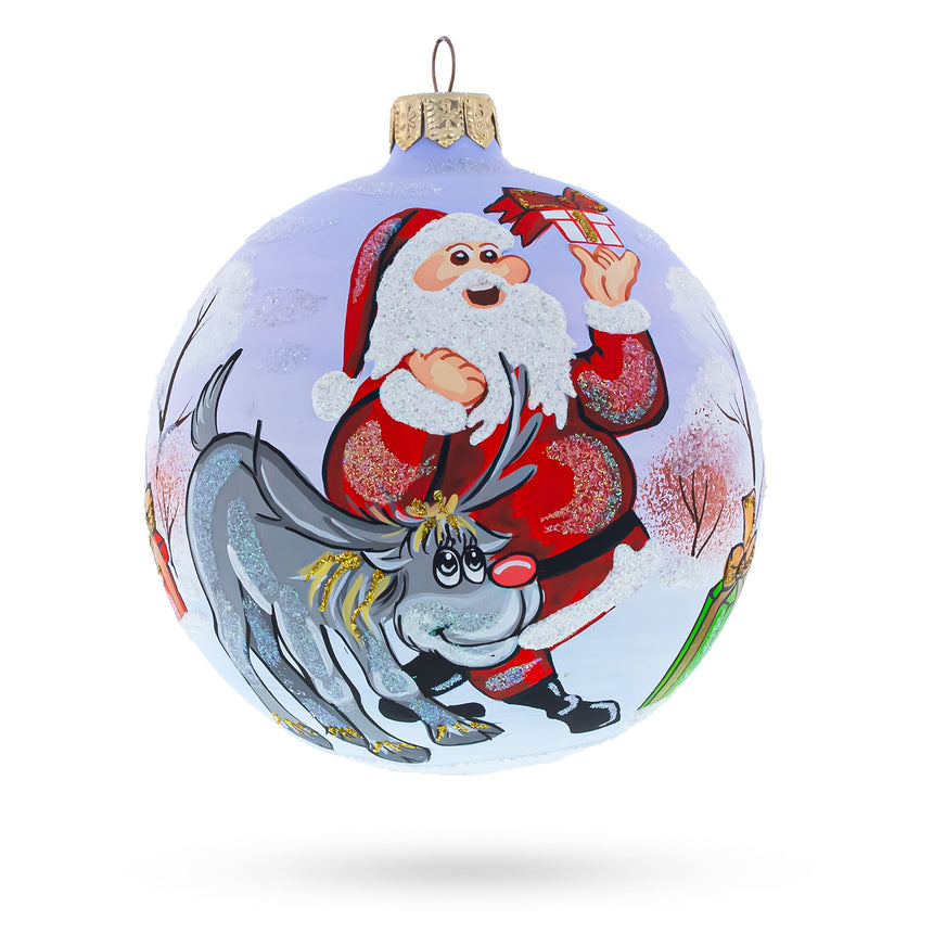 Glass Santa and Reindeer Blown Glass Ball Christmas Ornament 4 Inches in Multi color Round