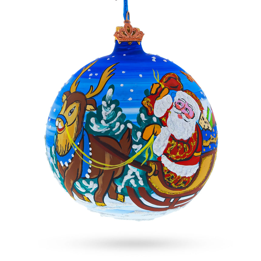 Glass Santa in Sleigh with Reindeer Blown Glass Ball Christmas Ornament 4 Inches in Multi color Round