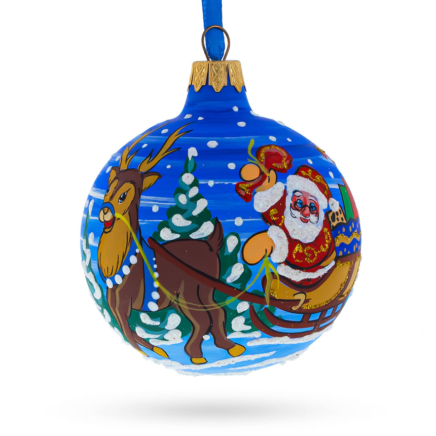 Glass Santa in the Woods Blown Glass Ball Christmas Ornament 3.25 Inches in Multi color Round