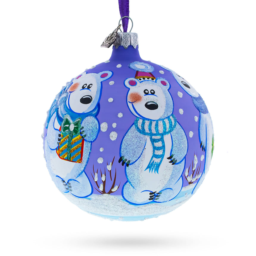 Glass Three Polar Bears Blown Glass Ball Christmas Ornament 4 Inches in Multi color Round