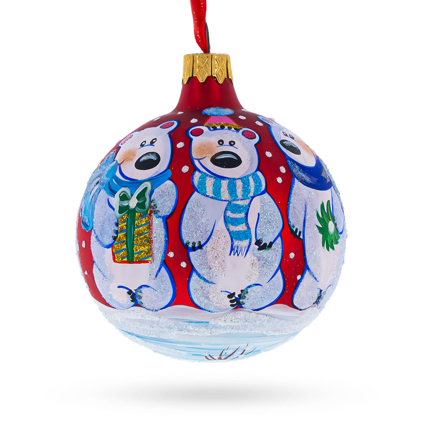 Glass Three Polar Bears Blown Glass Ball Christmas Ornament 3.25 Inches in Red color Round