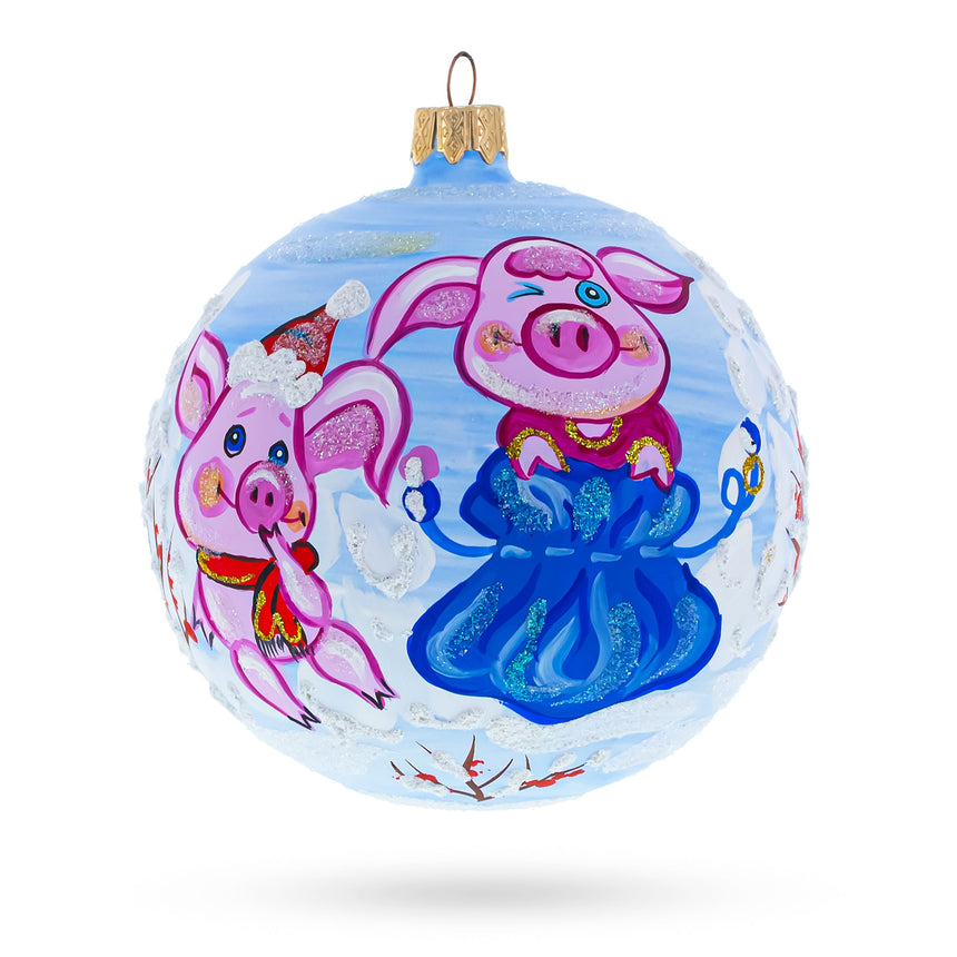 Glass Two Pigs with Gifts Blown Glass Ball Christmas Ornament 4 Inches in Blue color Round