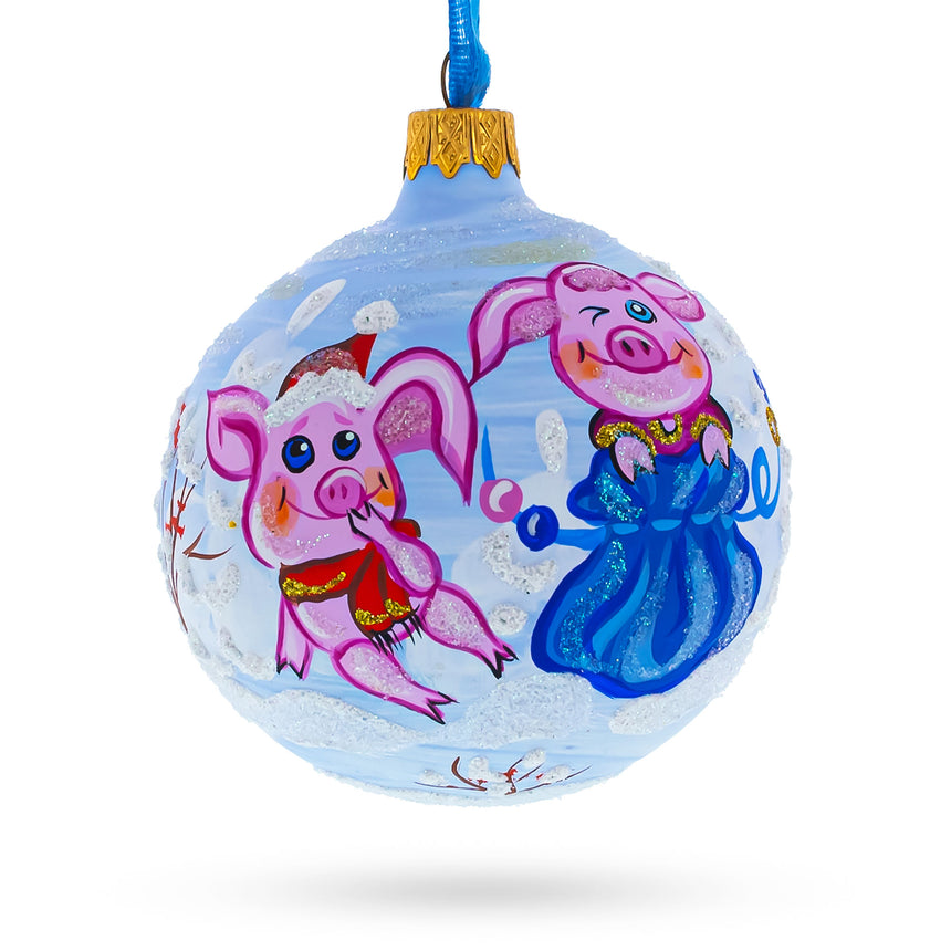 Glass Two Pigs with Gifts Blown Glass Ball Christmas Ornament 3.25 Inches in Blue color Round