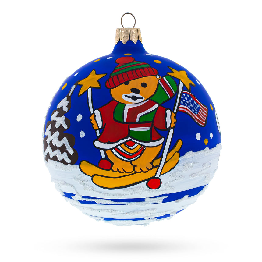 Glass Bear Skiing with Snowman and USA Flag Blown Glass Ball Christmas Ornament 4 Inches in Blue color Round