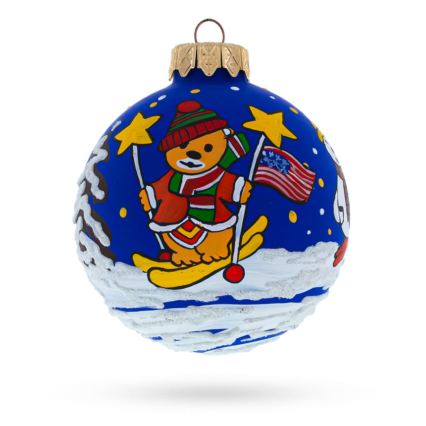 Glass Bear Skiing with Snowman and USA Flag Blown Glass Ball Christmas Ornament 3.25 Inches in Blue color Round