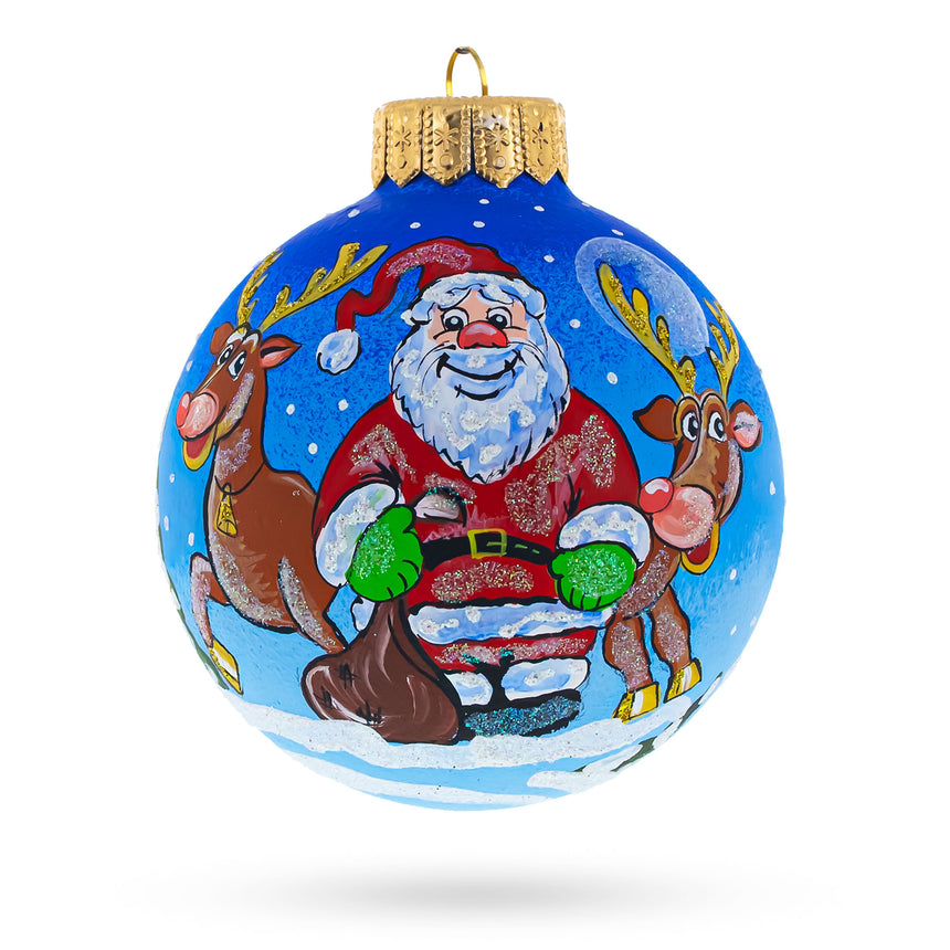 Glass Santa and Reindeer Festive Glass Ball Christmas Ornament 4 Inches in Blue color Round