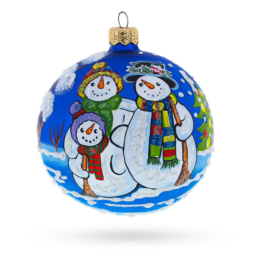 Glass Snowman Family Blown Glass Ball Christmas Ornament 4 Inches in Blue color Round