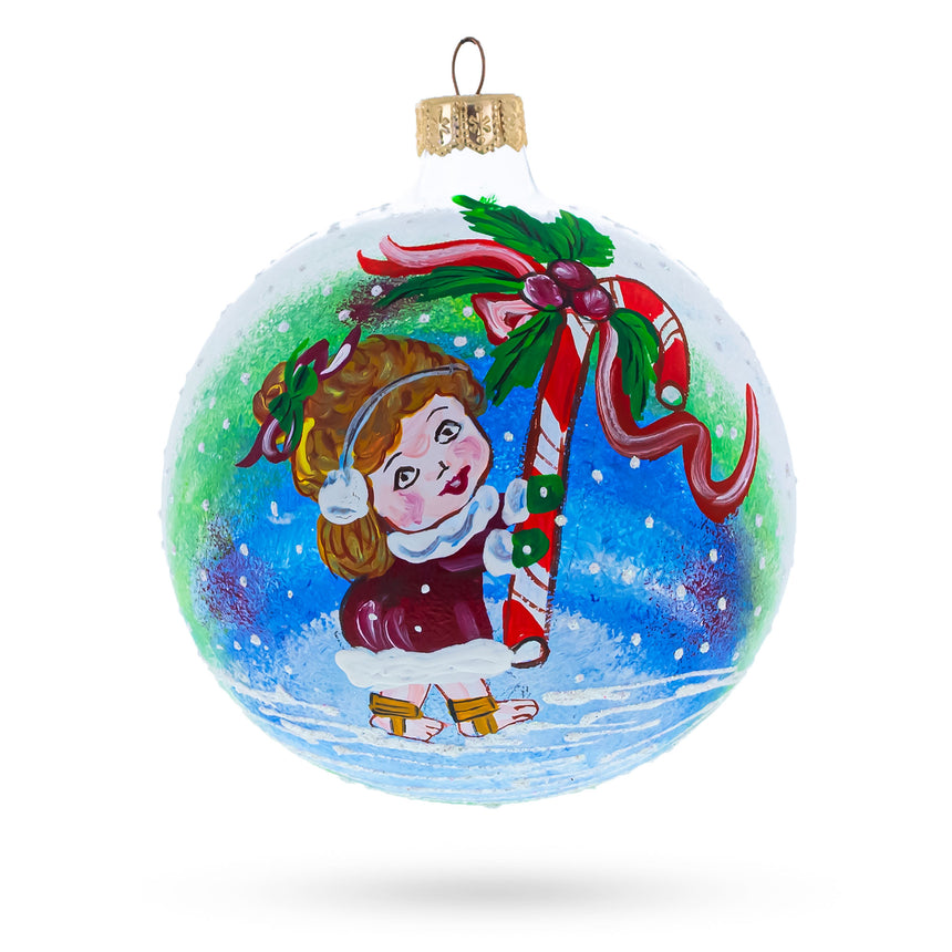 Glass Girl with Candy Cane Blown Glass Ball Christmas Ornament 4 Inches in White color Round