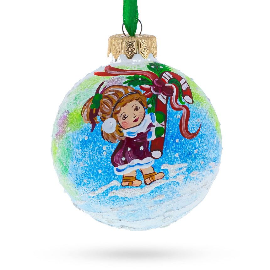 Glass Girl with Candy Cane Blown Glass Ball Christmas Ornament  3.25 Inches in White color Round