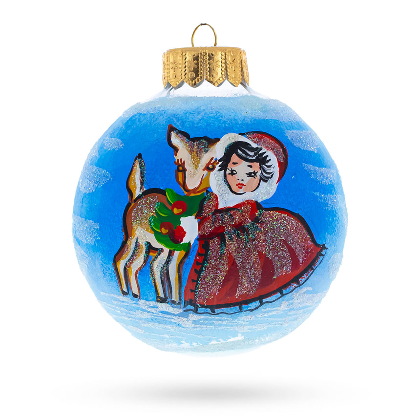 Glass Little Red Hood with the Deer Blown Glass Ball Christmas Ornament 4 Inches in Blue color Round