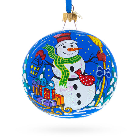 Glass Festive Snowman with Gifts Glass Ball Christmas Ornament 4 Inches in Blue color Round