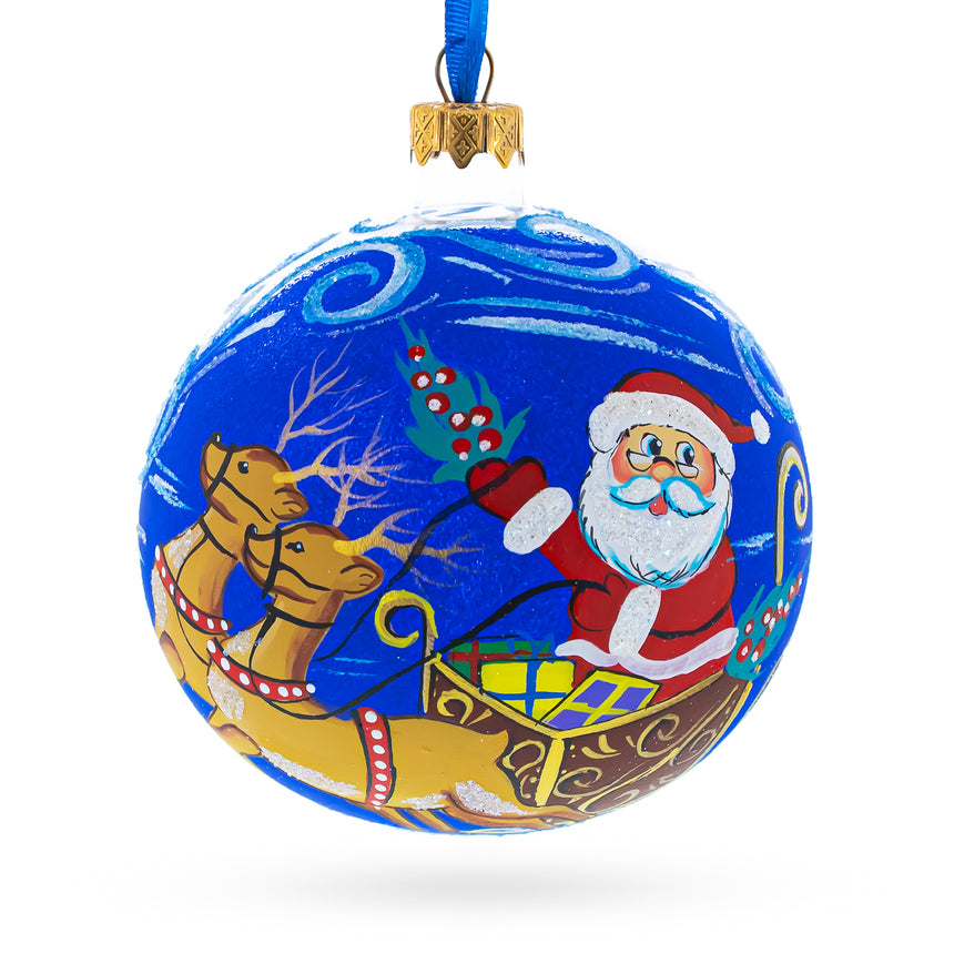 Glass Jolly Santa Riding Sleigh with Reindeer Glass Ball Christmas Ornament 4 Inches in Blue color Round