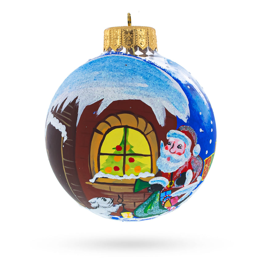 Glass Santa's Enchanting Christmas Night with Reindeer and Gifts Blown Glass Ball Christmas Ornament 3.25 Inches in Multi color Round