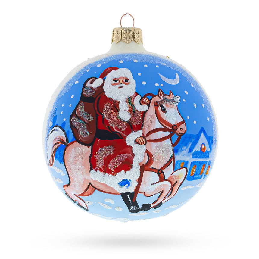 Glass Santa Riding Horse Laden with Gifts Glass Ball Christmas Ornament 4 Inches in White color Round