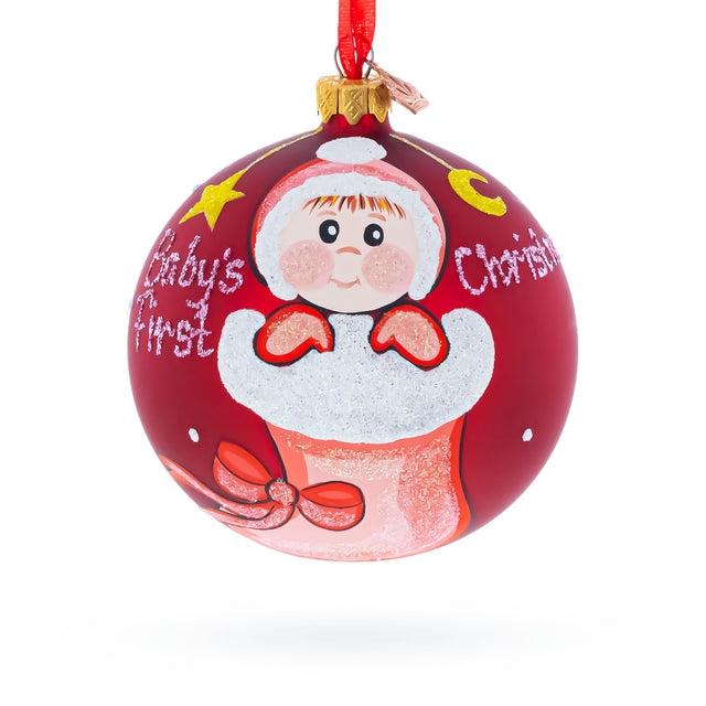 Glass Girl in Festive Christmas Stocking Blown Glass Ball Baby's First Christmas Ornament 4 Inches in Red color Round