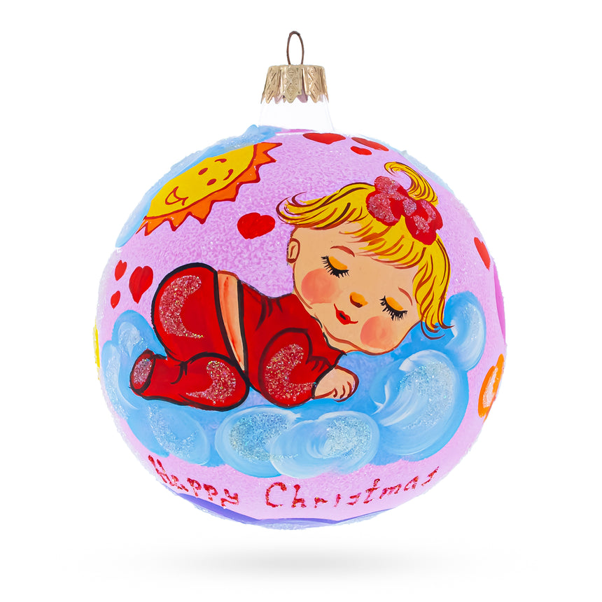 Glass Girl Slumbering on Fluffy Clouds Blown Glass Ball Baby's First Christmas Ornament 4 Inches in Multi color Round