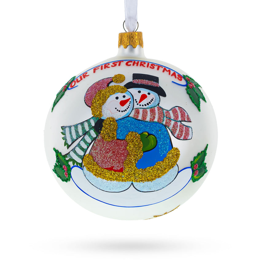 Glass Snowman Duo Blown Glass Ball 'Our First Christmas' Ornament 4 Inches in White color Round