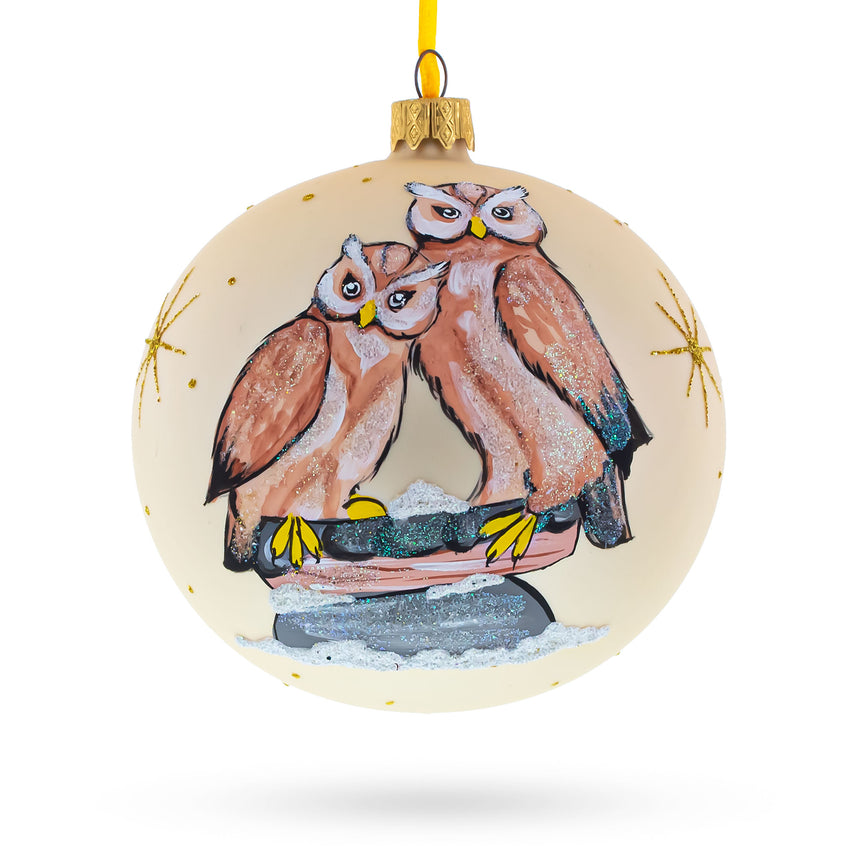 Glass Two Owls Perched in Moonlight Blown Glass Ball Christmas Ornament 4 Inches in Beige color Round