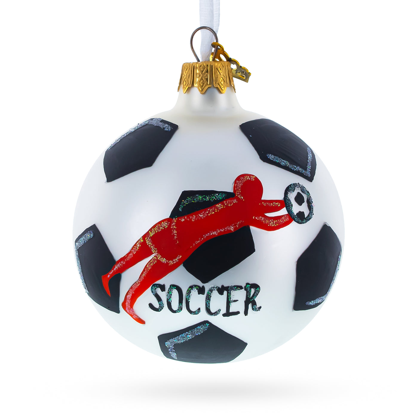 Glass Soccer Player in Action Blown Glass Ball Christmas Sports Ornament 3.25 Inches in Multi color Round