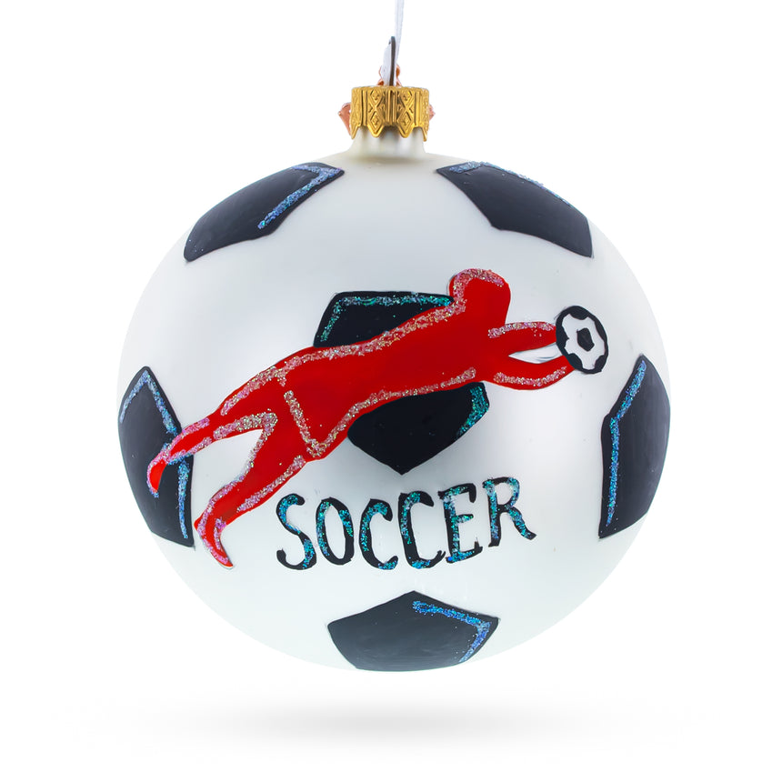 Glass Soccer Player in Action Blown Glass Ball Christmas Sports Ornament 4 Inches in Multi color Round