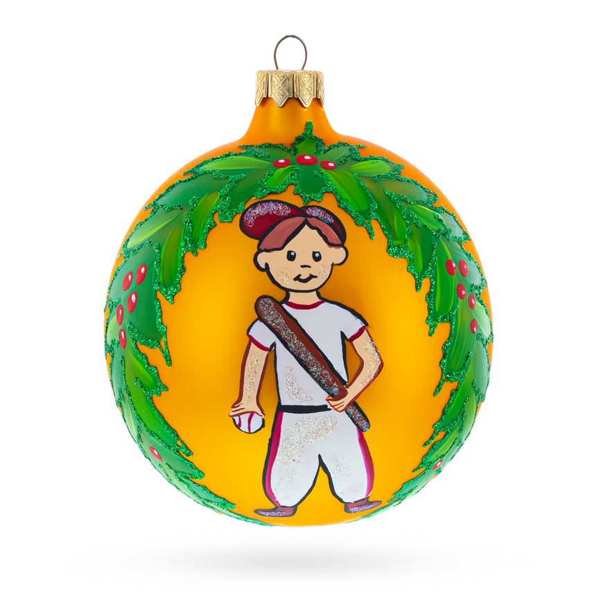 Glass Baseball Player in Mid-Swing Blown Glass Ball Christmas Sports Ornament 4 Inches in Orange color Round