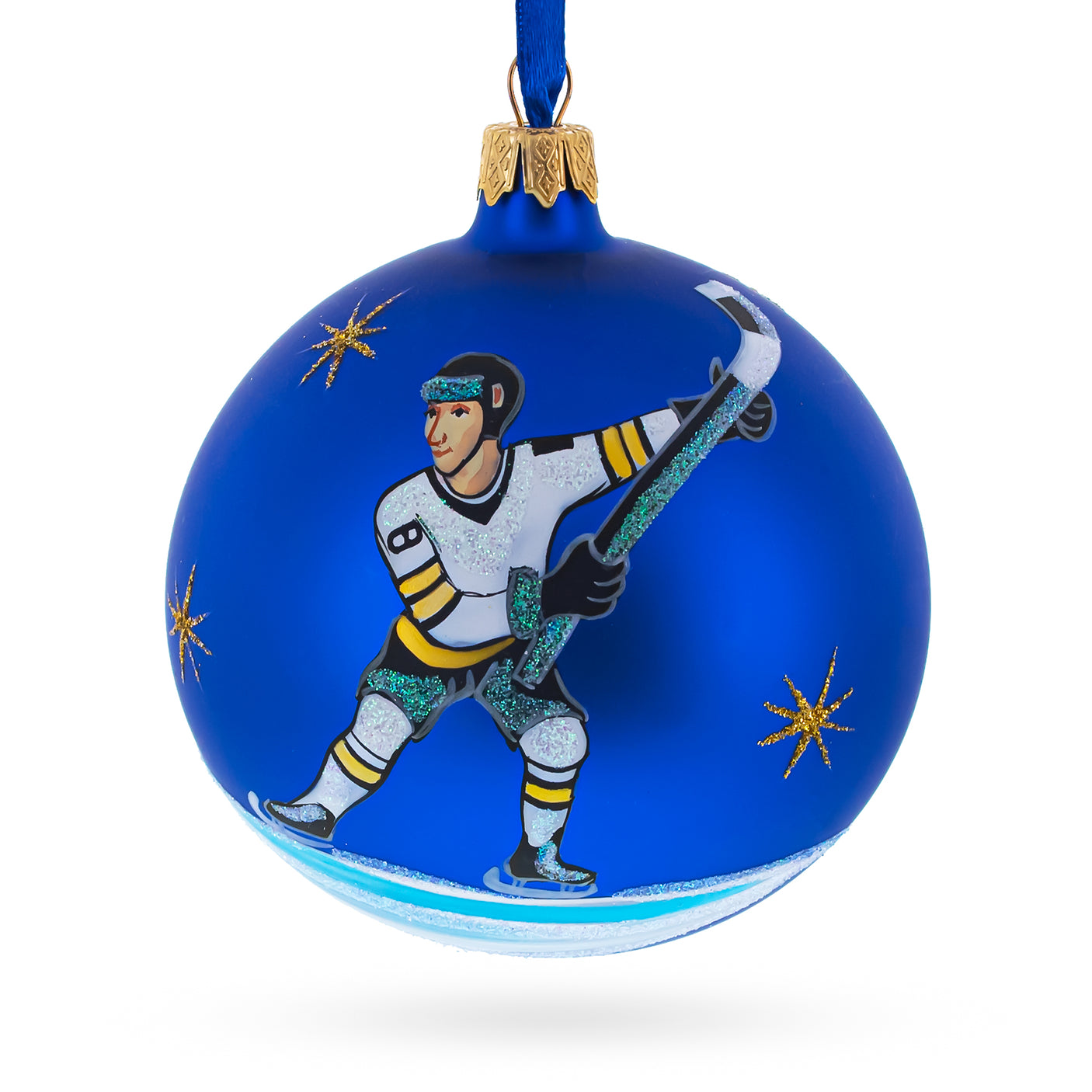 Glass Hockey Player in Action on Blue Blown Glass Ball Christmas Sports Ornament 4 Inches in Blue color Round