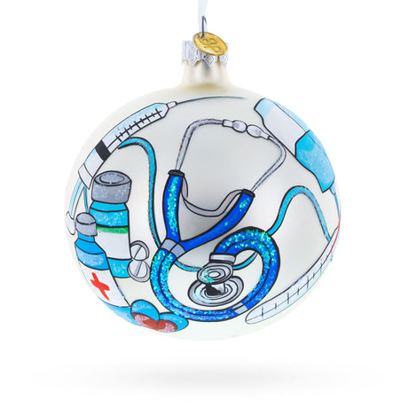 Glass Compassionate Nurse or Doctor on Glass Ball Christmas Ornament 4 Inches in White color Round