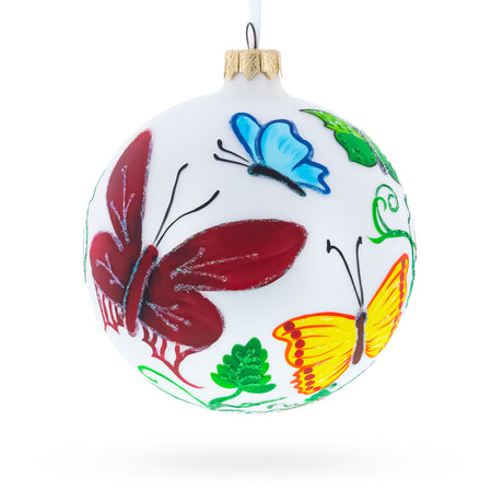 Glass Delicate Butterflies on Glass Ball Christmas Ornament 4 Inches in White color Round