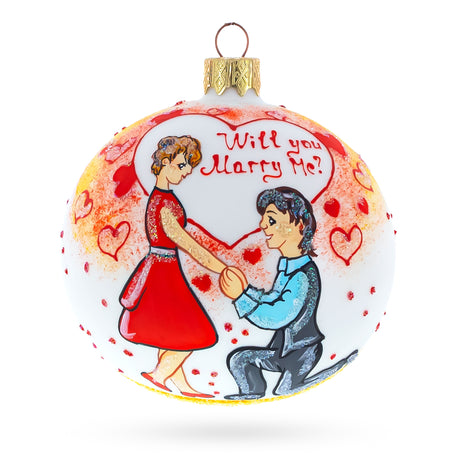 Glass Proposal 'Will You Marry Me?' Blown Glass Ball Christmas Ornament 4 Inches in White color Round