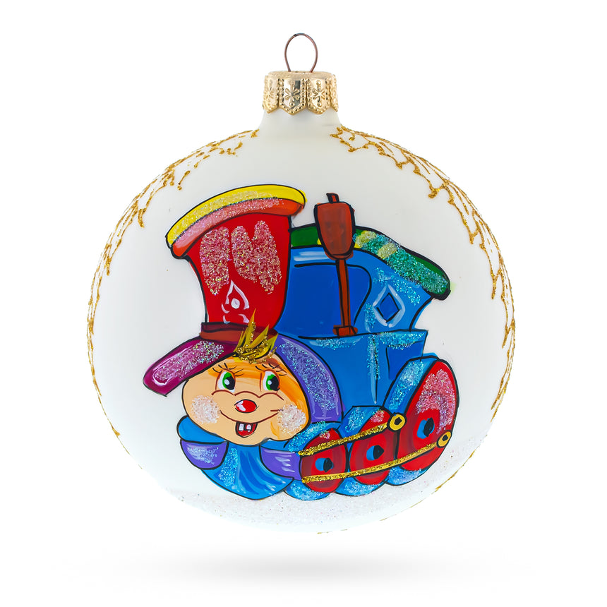 Glass Happy Choo-choo Train Blown Glass Ball Christmas Ornament 4 Inches in White color Round