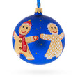 Glass Gingerbread Family with Candy Cane Blown Glass Ball Christmas Ornament 4 Inches in Blue color Round