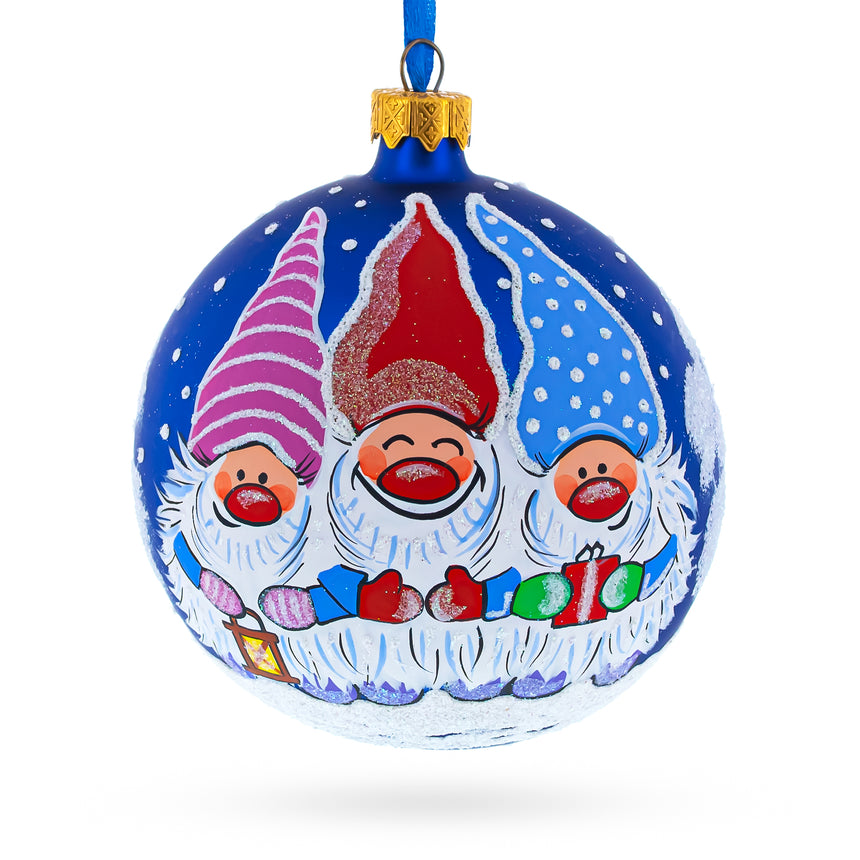 Glass Joyful Trio of Gnomes Glass Ball Christmas Ornament 4 Inches in Blue color Round