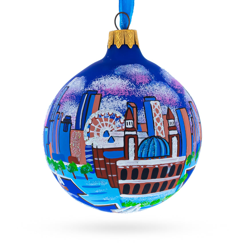 Glass Navy Pier, Chicago, Illinois Glass Ball Christmas Ornament 3.25 Inches in Blue color Round