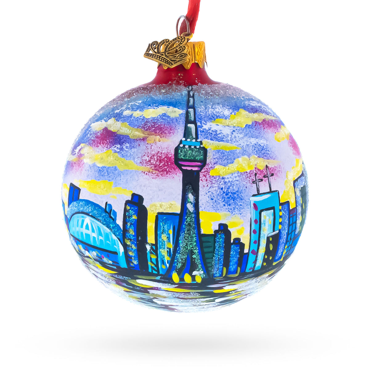 Glass CN Tower, Toronto, Canada Glass Ball Christmas Ornament 3.25 Inches in Red color Round