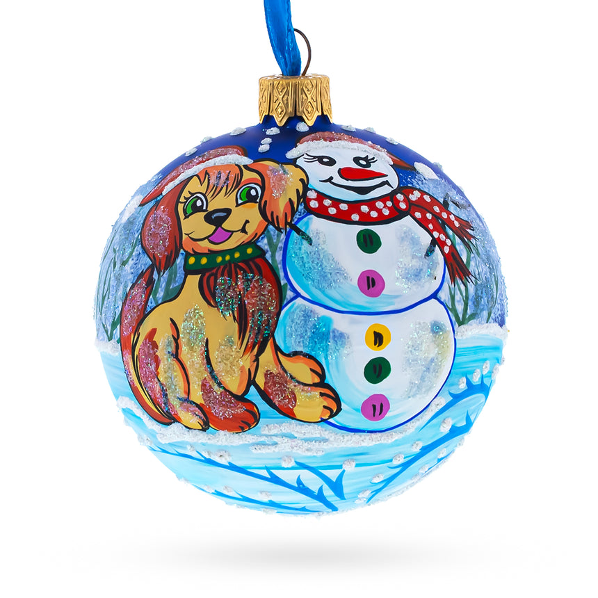 Glass Dog and Snowman Blown Glass Ball Christmas Ornament 3.25 Inches in Blue color Round