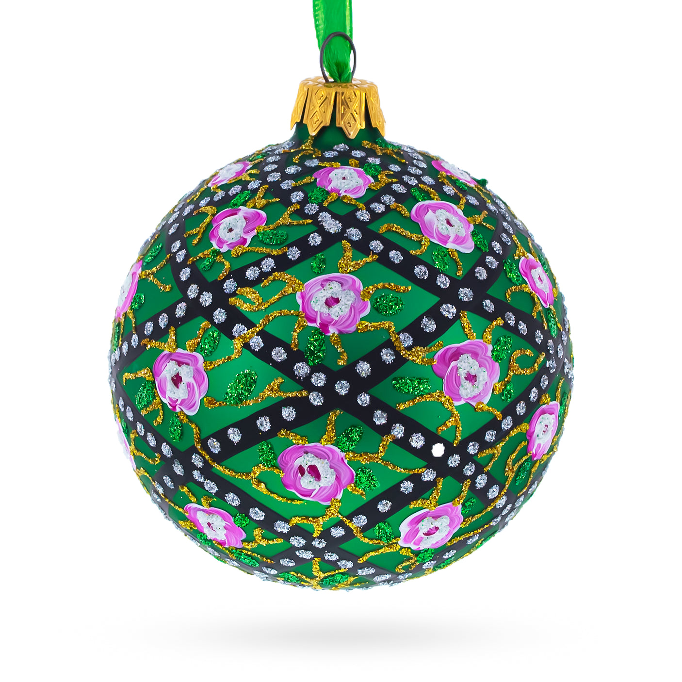 Glass 1907 Rose Trellis Royal Egg Green Blown Glass Ball Christmas Ornament 3.25 Inches in Green color Round