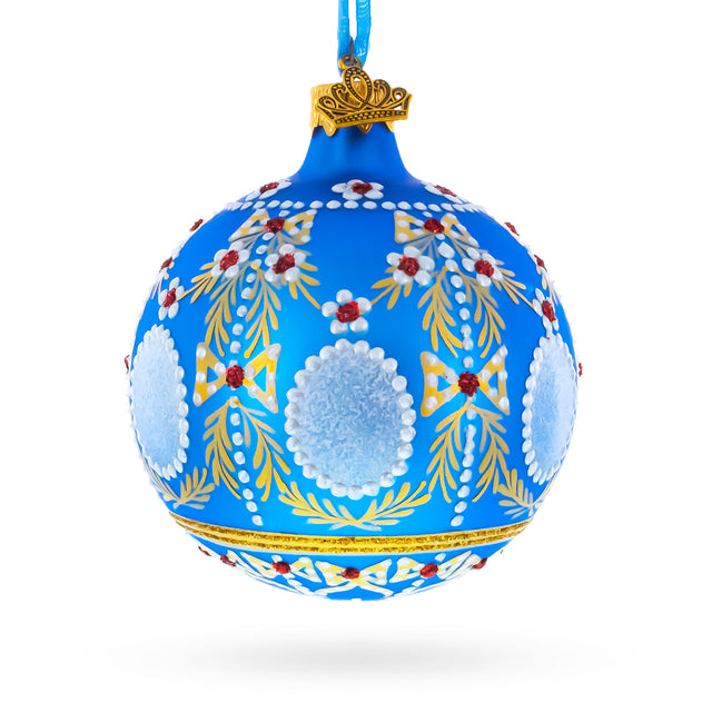 Glass 1908 Regal Alexander Palace Royal Egg Glass Ball Christmas Ornament 3.25 Inches in Blue color Round