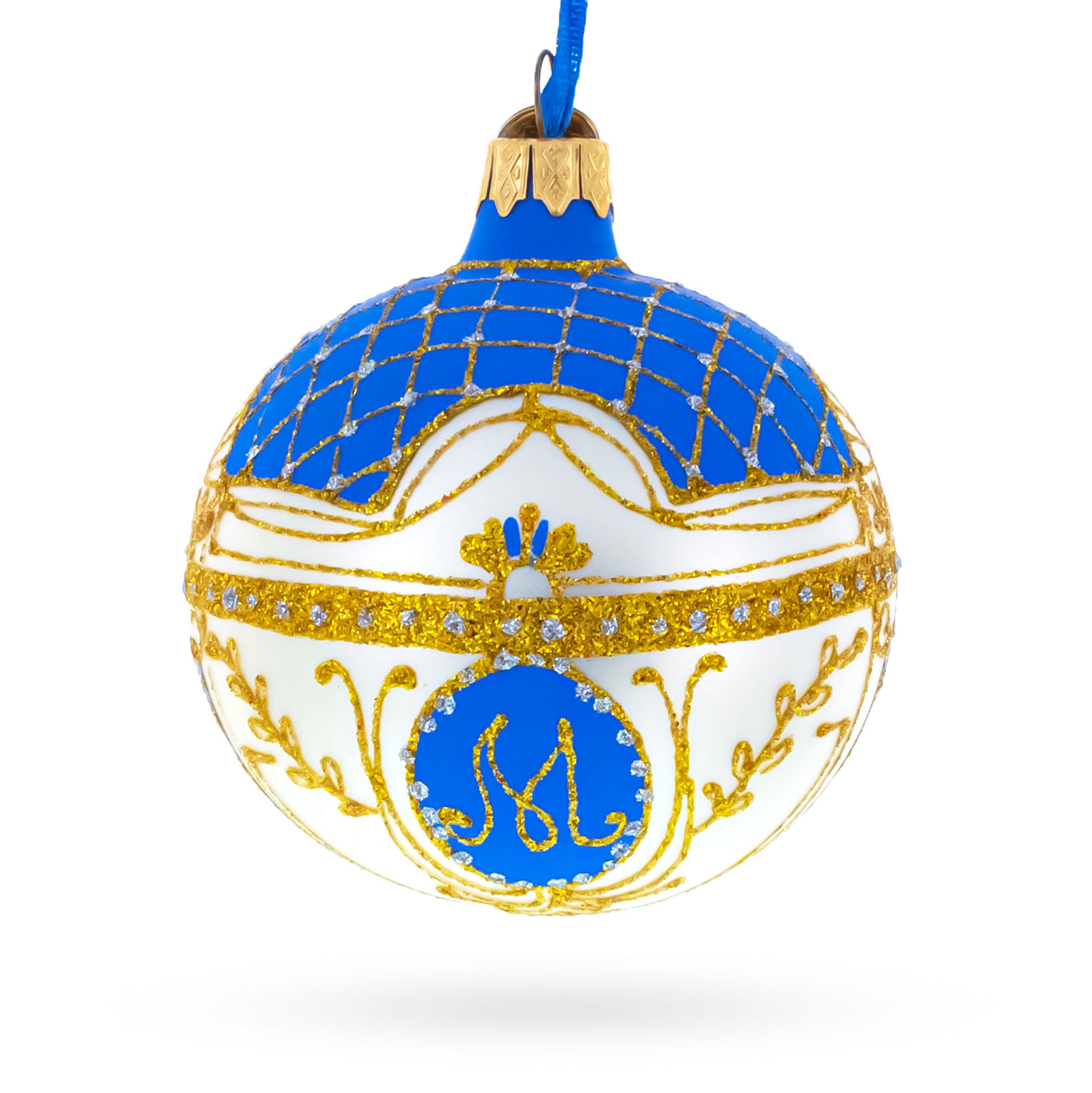 Glass 1903 Exquisite Royal Danish White Egg Blown Glass Ball Christmas Ornament 3.25 Inches in Blue color Round