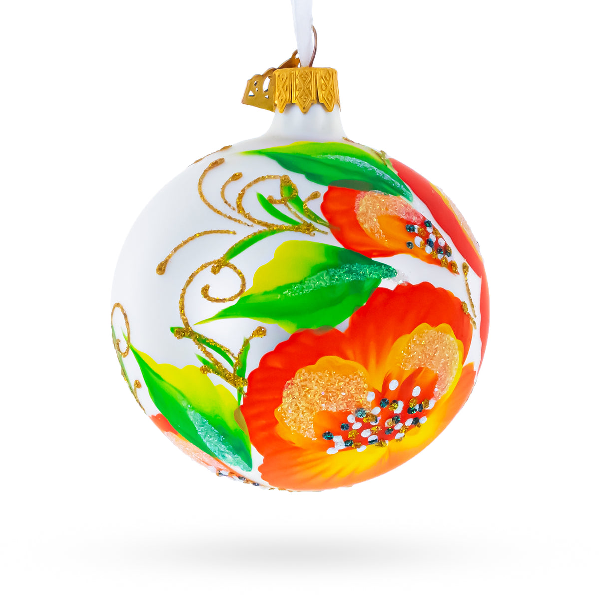 Poppy Flowers on White Blown Glass Ball Christmas Ornament, 3.25 InchesUkraine ,dimensions in inches: 3.25 x 3.25 x 3.25