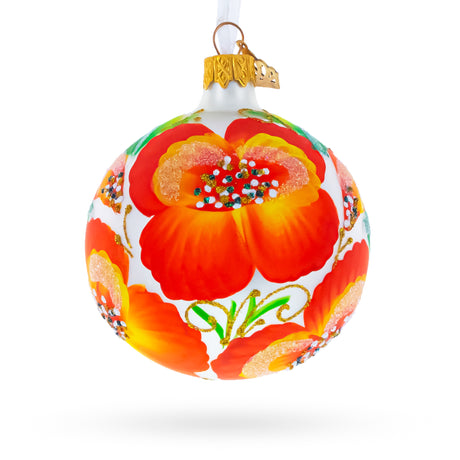 Glass Poppy Flowers on White Glass Ball Christmas Ornament, 3.25 Inches in Orange color Round