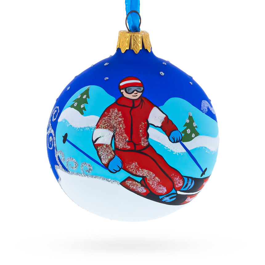 Glass Winter Wonderland Skiing Blue Glass Ball Christmas Ornament 3.25 Inches in Blue color Round