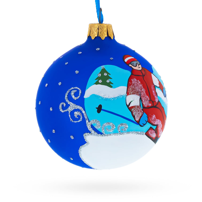 Winter Wonderland Skiing Blue Glass Ball Christmas Ornament 3.25 InchesUkraine ,dimensions in inches: 3.25 x 3.25 x 3.25